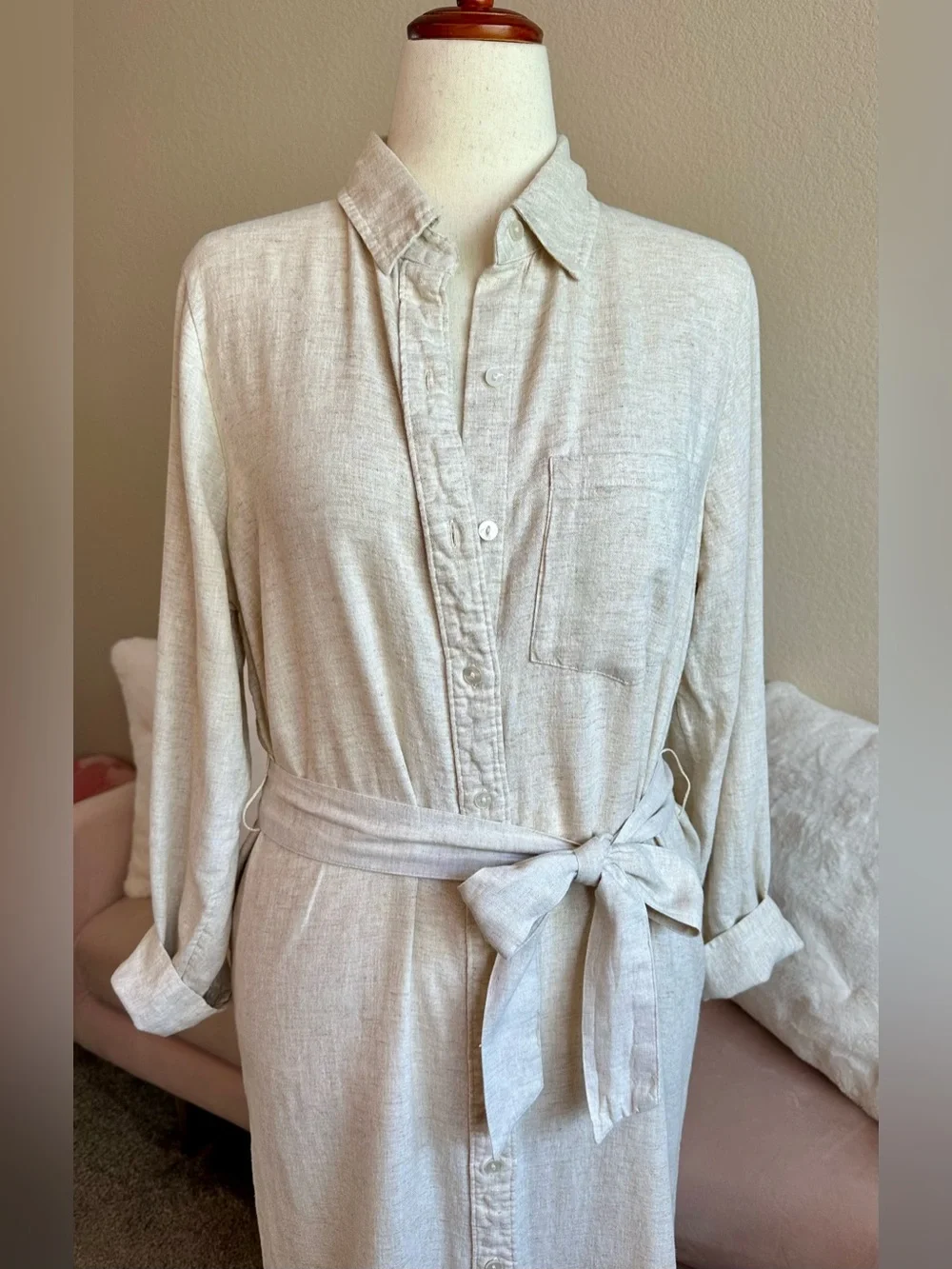 Abercrombie Fitch Shirt Dress Long Linen Viscose LS Belted Natural Cream Sz M T